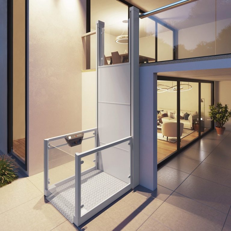 Barrierefreier Außenlift vor einem modernen Gebäude mit Glaswänden in Rehme